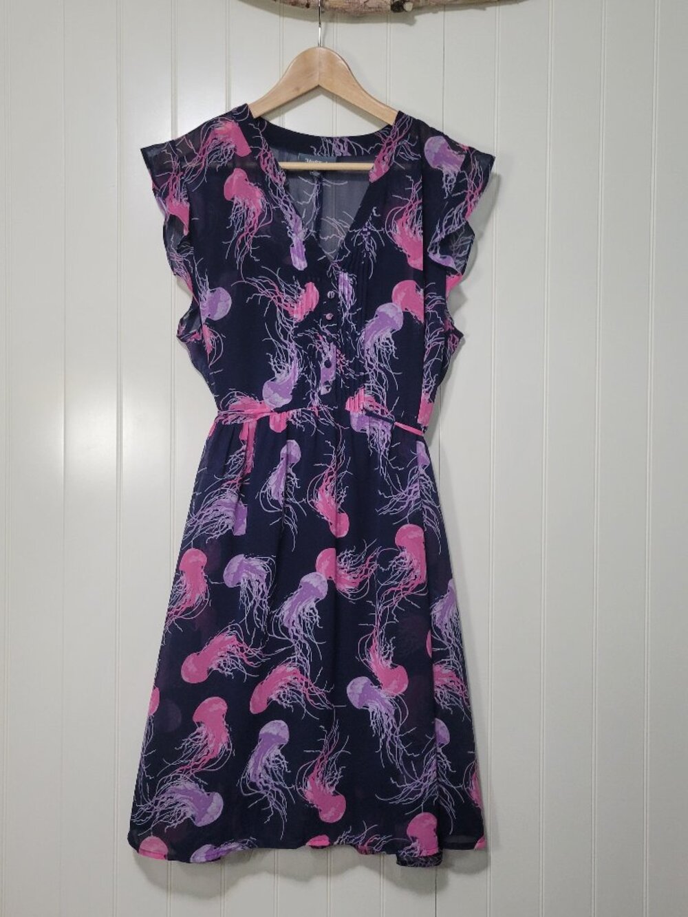 ModCloth 50s 60s Retro Whimsical Navy Jellyfish Ocean Sea Print Chiffon Dress XL
